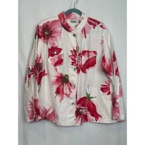 Chico's Size 3 Pink Floral 100% Linen Button Front Jacket Top XL
